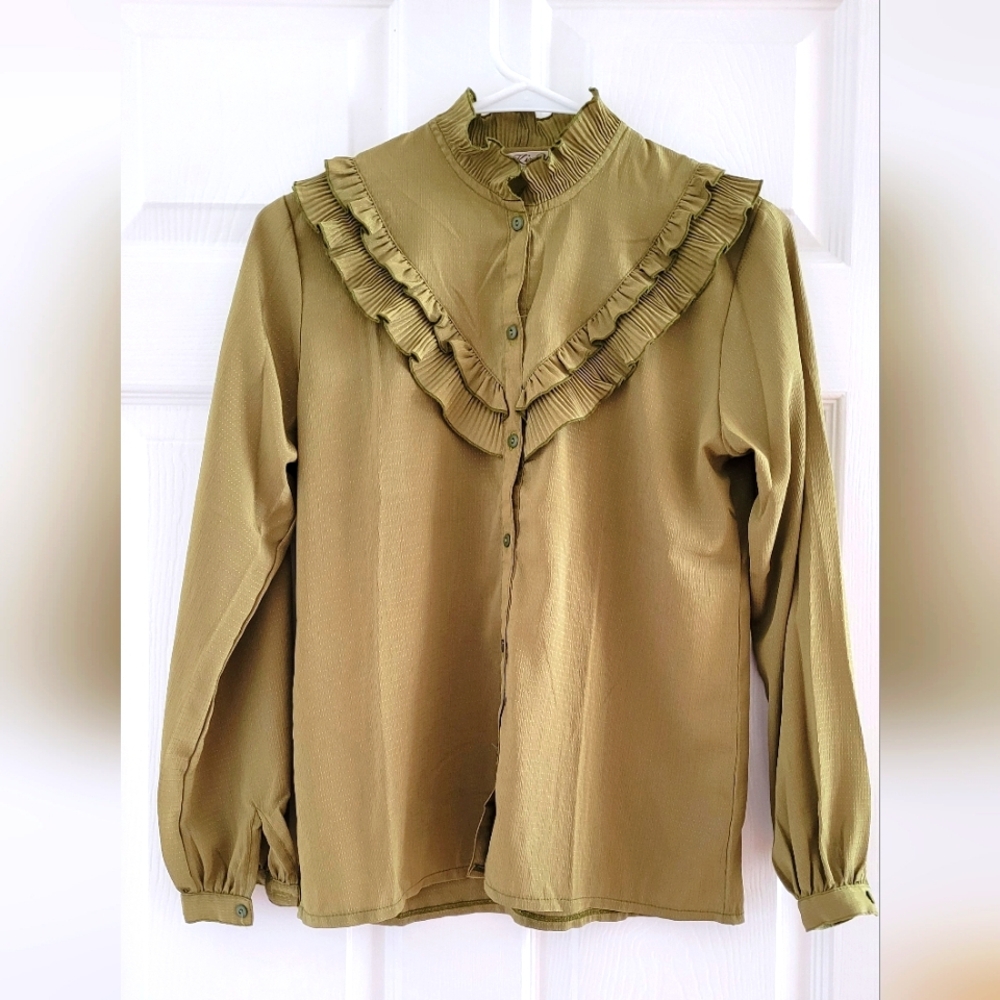 Vintage Ruffle Blouse | Chartruese | Size S